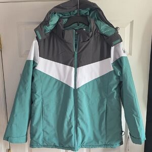 Spyder Womens XL Heavyweight Coat, NWT, Seaglass, White, And Black, With Hood.